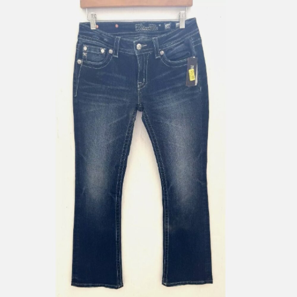 MISS ME Signature Boot Cut Low Rise Jeans Rhinestone/Studs Dark Blue Size 29 NWT